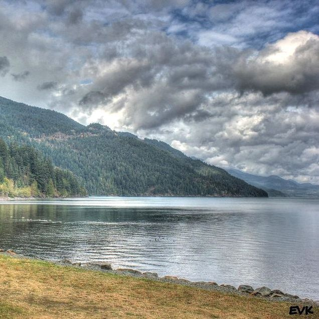 Log cabin porch overlooking still water